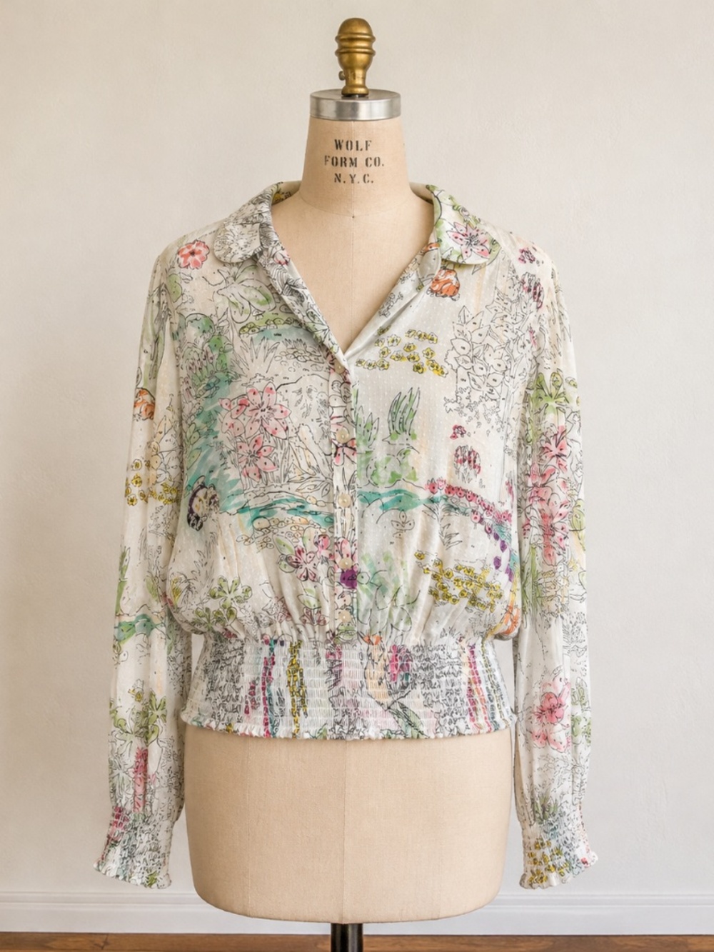 Anthropologie Watercolor Print Smocked Blouse | Romantic Top | Size XS